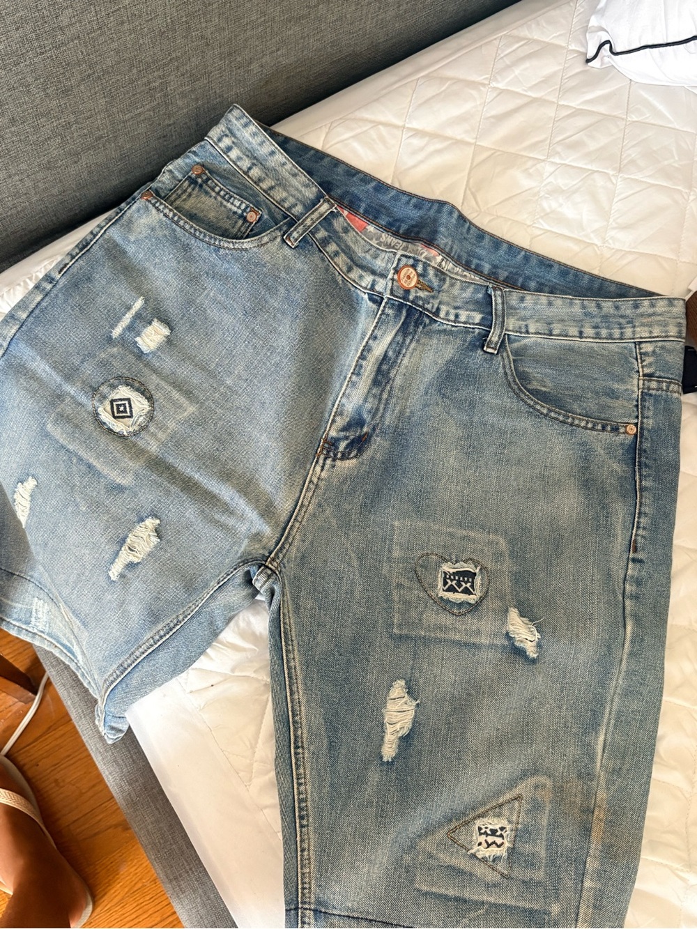 Light Wash Distressed Denim Shorts with Patch Details